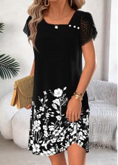 Black Floral Print Short Tummy Coverage Asymmetrical Neck Dress | thumb picture 
