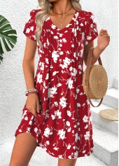 Red Floral Print Short Tuck Stitch V Neck Dress