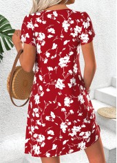 Red Floral Print Short Tuck Stitch V Neck Dress | thumb picture 