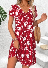 Red Floral Print Short Tuck Stitch V Neck Dress | thumb picture 