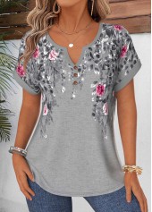 Grey Floral Print Tummy Coverage Short Sleeve Blouse