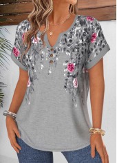 Grey Floral Print Tummy Coverage Short Sleeve Blouse | thumb picture 