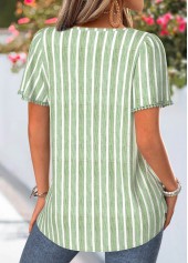 Green Striped Pleated Short Sleeve Square Neck T Shirt | thumb picture 