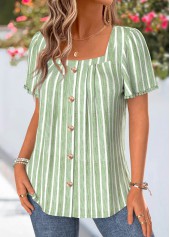 Green Striped Pleated Short Sleeve Square Neck T Shirt | thumb picture 