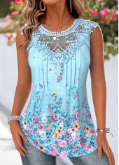 Blue Ditsy Floral Print Tuck Stitch Sleeveless Tank Top