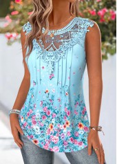 Blue Ditsy Floral Print Tuck Stitch Sleeveless Tank Top | thumb picture 