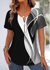 Black Geometric Print Tummy Coverage Short Sleeve T Shirt