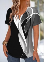 Black Geometric Print Tummy Coverage Short Sleeve T Shirt | thumb picture 