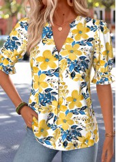 Multi Color Floral Print Shirred Half Sleeve Blouse