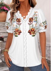 White Floral Print Short Sleeve V Neck Blouse