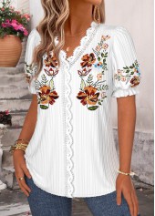 White Floral Print Short Sleeve V Neck Blouse | thumb picture 