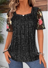 Black Short Sleeve Square Neck T Shirt