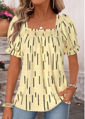 Light Yellow Geometric Print Patchwork Short Sleeve Blouse