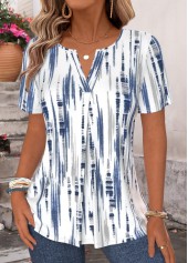 Blue Striped Short Sleeve Split Neck T Shirt