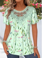 Light Green Floral Print Patchwork Short Sleeve T Shirt