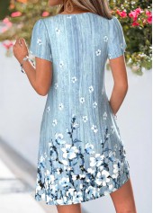 Blue Floral Print Short Tuck Stitch V Neck Dress | thumb picture 