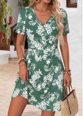 Green Floral Print Short Tummy Coverage V Neck Dress