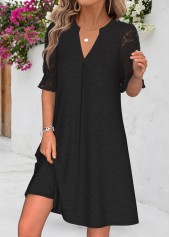 Black Short Shirred Half Sleeve Split Neck Dress | thumb picture 
