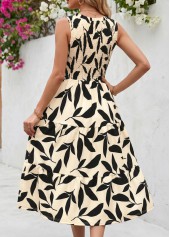 Light Camel Leaf Print Smocked Sleeveless Round Neck Dress | thumb picture 