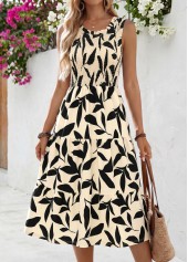 Light Camel Leaf Print Smocked Sleeveless Round Neck Dress | thumb picture 