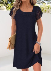 Navy Short Patchwork Asymmetrical Neck Dress | thumb picture 