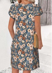 Peacock Blue Floral Print Short Patchwork Asymmetrical Neck Dress | thumb picture 