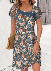 Peacock Blue Floral Print Short Patchwork Asymmetrical Neck Dress | thumb picture 