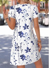 White Floral Print Short Tuck Stitch V Neck Dress | thumb picture 