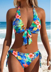 Blue Mid Waisted Patchwork Floral Print Bikini Set
