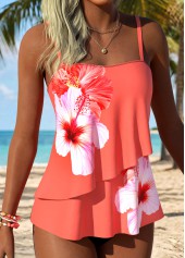 Orange Layered Floral Print Tankini Top-No Bottom | picture 1