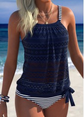 Navy Mid Waisted Blouson Striped Tankini Set