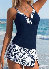 Navy Mid Waisted Patchwork Leaf Print Tankini Set