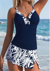 Navy Mid Waisted Patchwork Leaf Print Tankini Set | thumb picture 