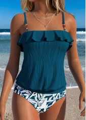 Peacock Blue Mid Waisted Ruffle Floral Print Tankini Set | thumb picture 