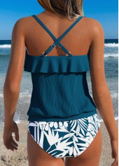 Peacock Blue Mid Waisted Ruffle Floral Print Tankini Set | thumb picture 