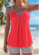 Coral Mid Waisted Lace Up Striped Tankini Set