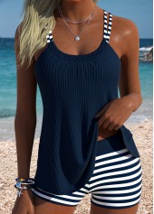 Navy Mid Waisted Tummy Coverage Striped Tankini Set
