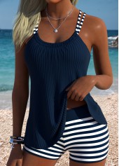 Navy Mid Waisted Tummy Coverage Striped Tankini Set | thumb picture 