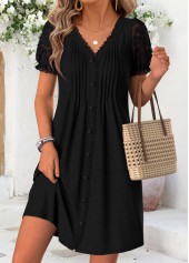 Black Short Tuck Stitch V Neck Dress
