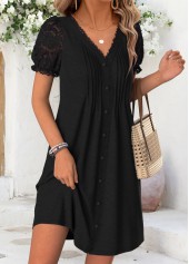 Black Short Tuck Stitch V Neck Dress | thumb picture 