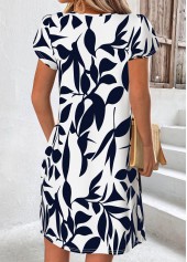 Navy Leaf Print Short Tummy Coverage Asymmetrical Neck Dress | thumb picture 