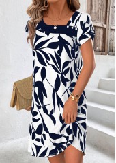Navy Leaf Print Short Tummy Coverage Asymmetrical Neck Dress | thumb picture 