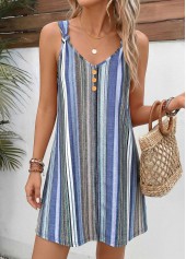 Purplish Blue Striped Short Twist Strappy V Neck Dress
