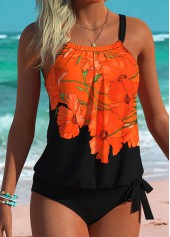 Black Mid Waisted Blouson Floral Print Tankini Set