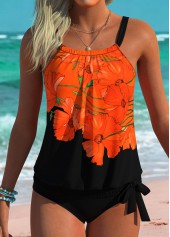 Black Mid Waisted Blouson Floral Print Tankini Set | thumb picture 