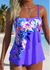 Purple Mid Waisted Layered Floral Print Tankini Set