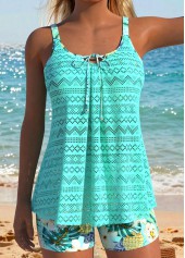 Cyan Mid Waisted Lace Up Floral Print Tankini Set