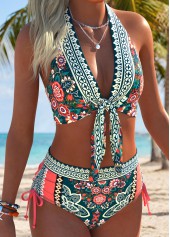 Multi Color Mid Waisted Ruched Tribal Print Bikini Set