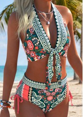 Multi Color Mid Waisted Ruched Tribal Print Bikini Set | thumb picture 