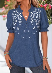 Denim Blue Ditsy Floral Print Curved Hem Blouse | thumb picture 